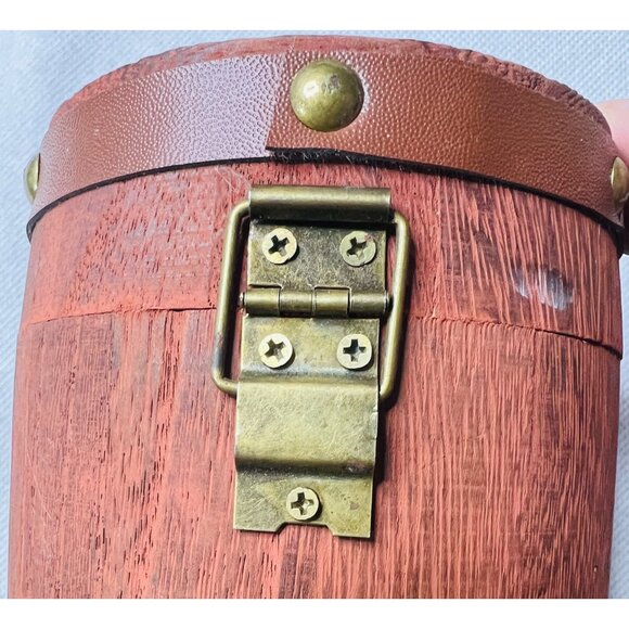 Antique-Style Wooden Barrel Tea Box Brass Handle & Clasp Rustic Brown Finish - Picture 5 of 6